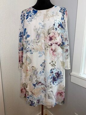 Robert Louis Watercolor Floral Chiffon Dress Sheer Sleeve Cottagecore Spring L